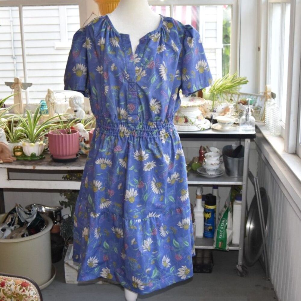 Vintage 80s Blue Daisy Floral Prairie Dress Cottagecore Midi Plus Size XL